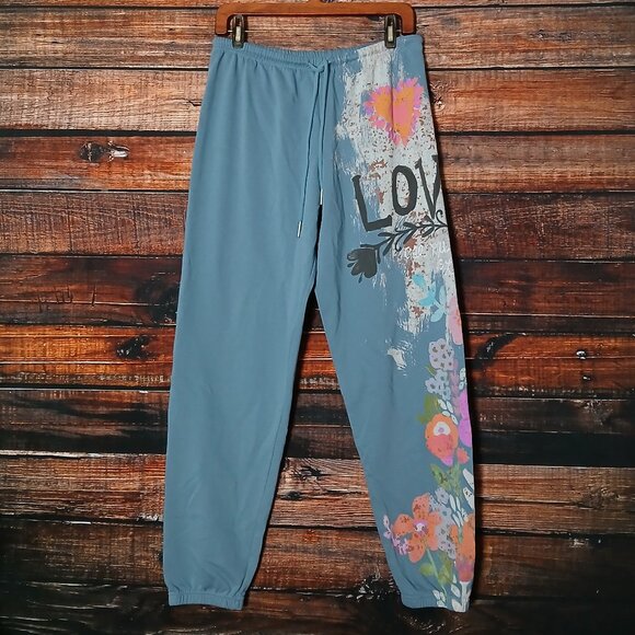 Natural Life Jogger Pants M Blue All You Need Is Love Floral Drawstring - Picture 2 of 6